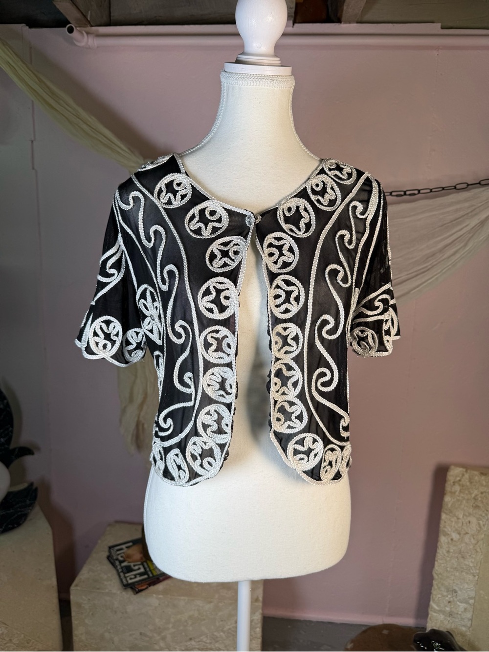 Vintage Black Sheer Beaded Sequin Bolero Jacket Size M